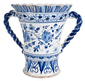 Rare Large English Delft Blue and White Vase with Rope Twist Handles