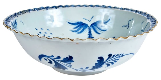 Rare English Blue and White Delft Punch Bowl with Pie Crust Edge