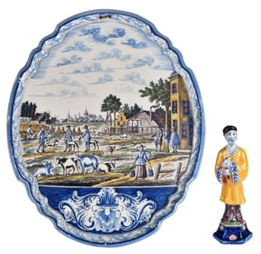 Dutch Delft Polychrome Wall Plaque and Chinoiserie Figure