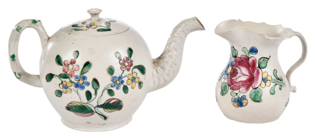 Staffordshire Salt Glazed Teapot and Creamer in Polychrome Floral Decoration