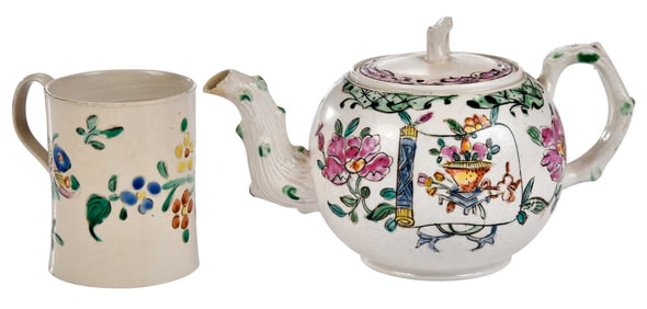 Staffordshire Salt Glazed Teapot and Mug in Polychrome Floral Decoration