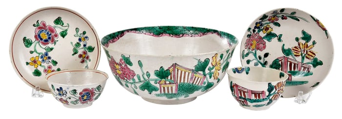 Five Pieces of Staffordshire Salt Glazed Tableware with Polychrome Floral Decoration