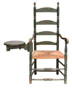 Rare New England Green Painted Slat Back Armchair with Rotating Drinking Arm