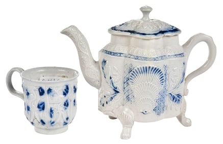 Staffordshire Blue and White Salt Glazed Teapot and Cup