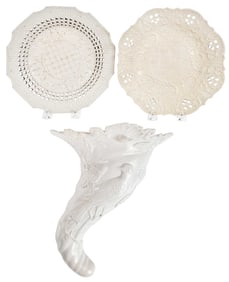 Two Staffordshire White Salt Glazed Stoneware Plates and Cornucopia Wall Pocket