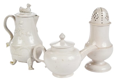 Three Miniature Staffordshire White Salt Glazed Stoneware Teaware Objects
