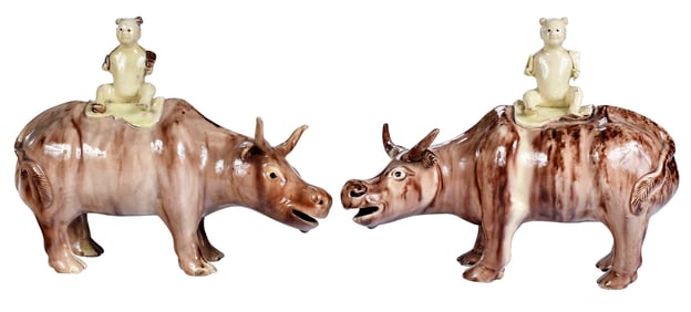 Extremely Rare Pair Whieldon Type Staffordshire Pottery Water Buffaloes