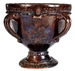 Rare and Important English Brown Glazed Footed Cup, Initialed IC and Dated 1717