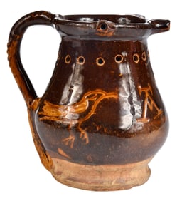 English Brown Glazed Earthenware Puzzle Jug with Incised Decoration