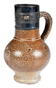 English Salt Glazed Tigerware Jug with Silver Collar