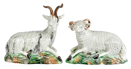 Two Ralph Wood Staffordshire Pottery Ram and Goat Figures, Rockefeller Provenance