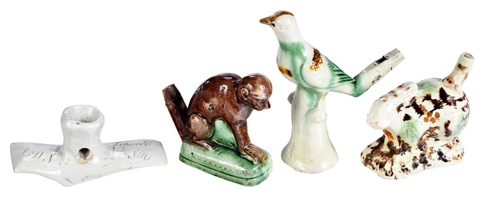 Four Staffordshire Pottery Novelty Whistles