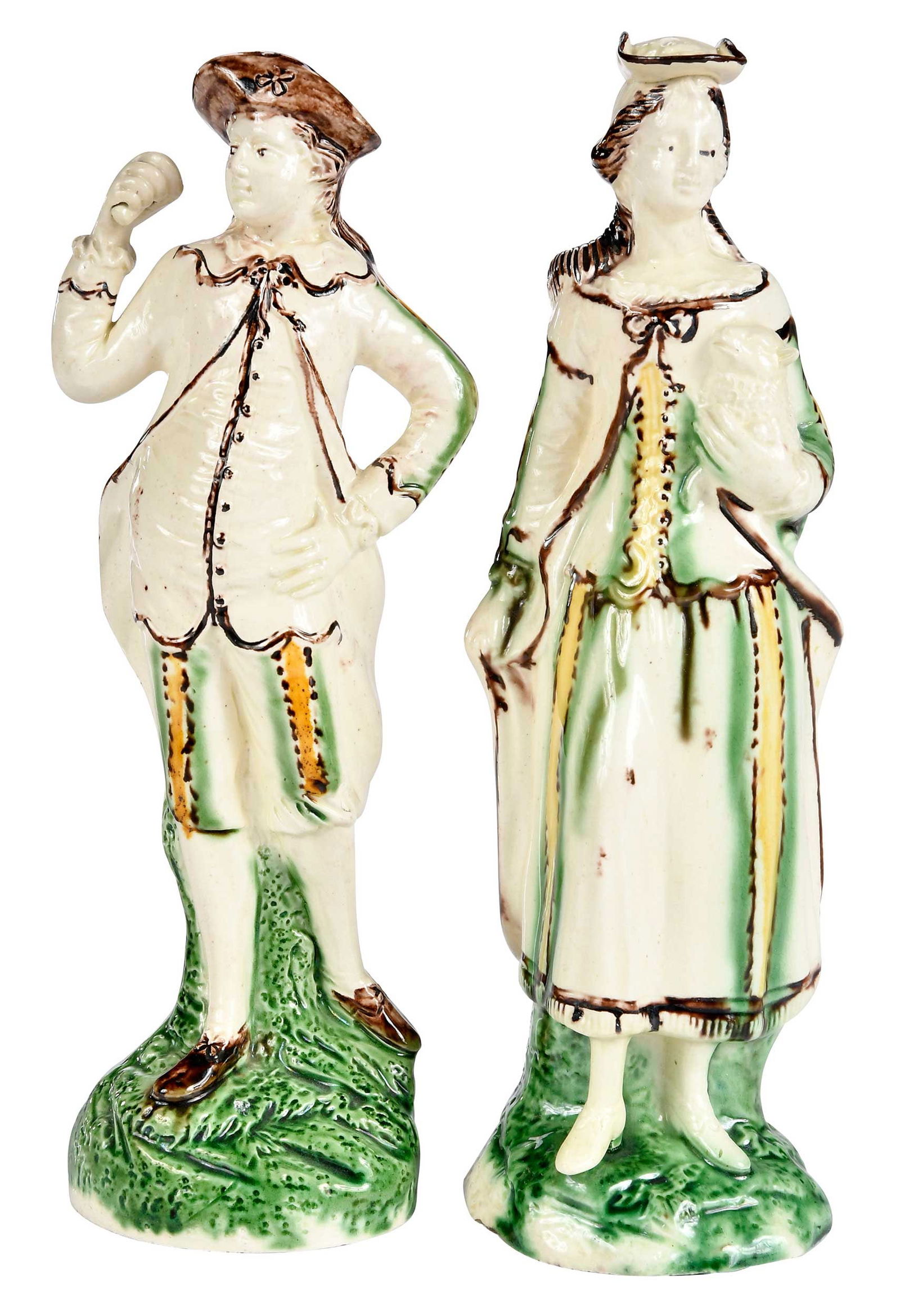 Two Ralph Wood Staffordshire Pottery Figures: 18th century, depicting a man (often called "The Orator") and woman holding a lamb, larger 10 x 3-1/4 x 3 in. Provenance: David B. Newbon, New York City, NY (stickers on bases); An Important Atlanta P