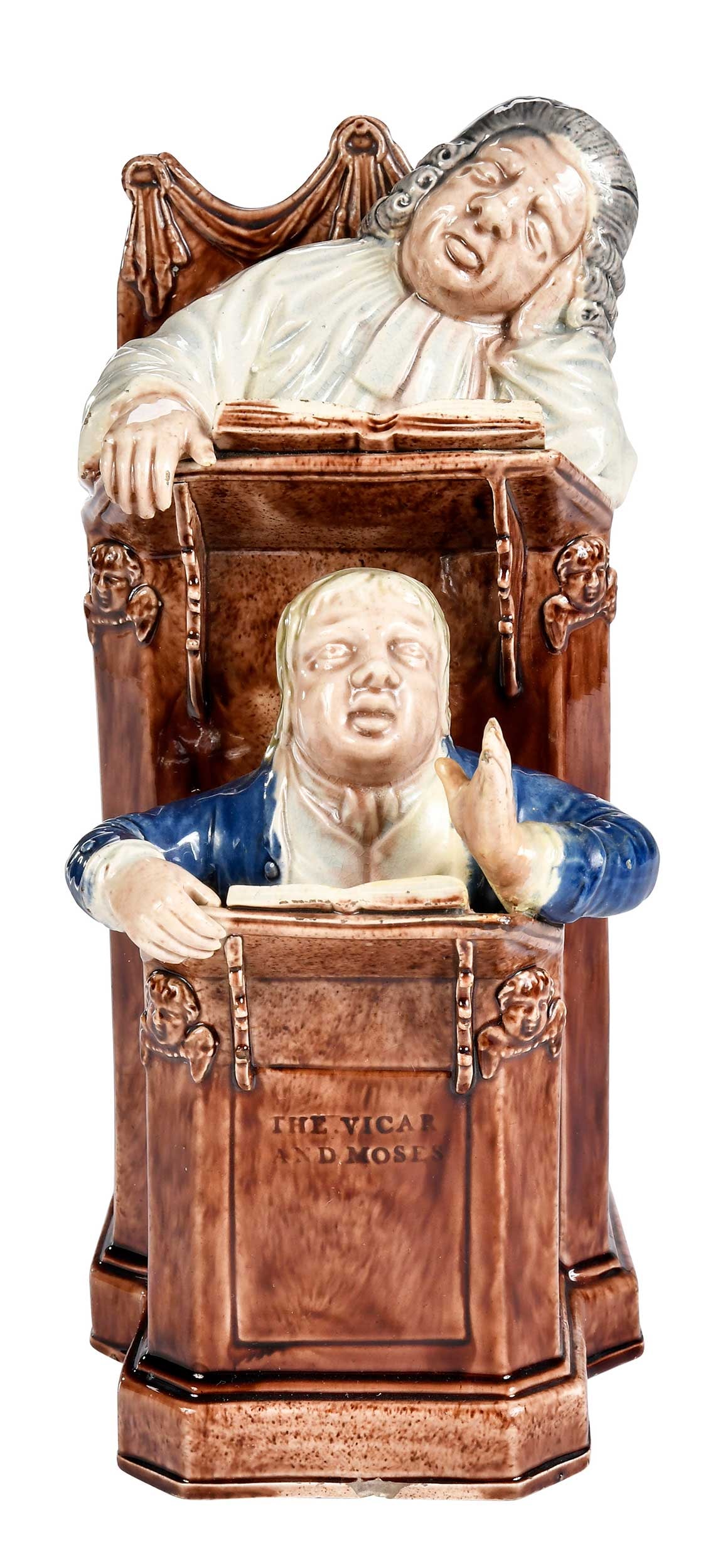 Ralph Wood Earthenware Group, The Vicar and Moses: English, mid to late 18th century, mold number "62" impressed to base, approx. 9-3/4 x 5-3/4 x 4-1/2 in. Provenance: Art Trading Ltd. (David B. Newbon), New York, New York (label); An Important Atlant