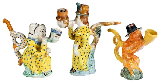 Three Staffordshire Prattware Pottery Figural Pipes
