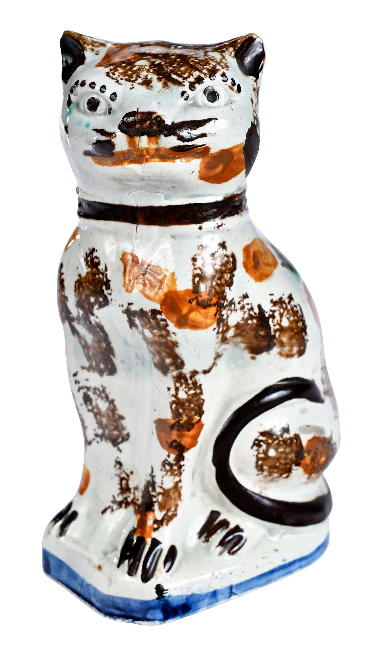 Staffordshire Prattware Pottery Cat Figure: 18th century, seated cat with sponged decoration, 7-1/8 x 4-1/4 x 2-5/8 in. Provenance: David B. Newton, Art Trading Ltd., New York, NY (sticker on base); Art Trading Ltd., New York, NY, April 3, 1984