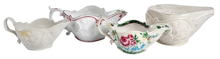 Three Staffordshire Salt Glazed Pottery Sauceboats, with Block Mold