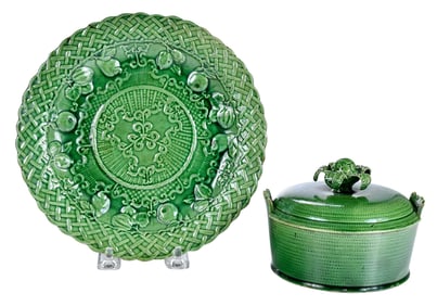 Staffordshire Green Glazed Plate and Rare Whieldon/Wedgwood Butter Crock