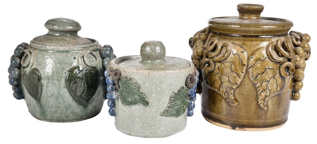 Three Signed Meaders Family Decorated Grapevine Jars