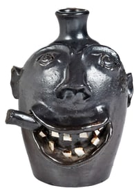 Unusual Early Browns Pottery North Carolina Face Jug with Cigar