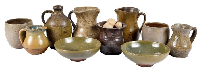 Ten Small Pieces Of Southern Pottery Tablewares and Ten Clay Stone Marbles