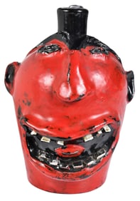 Rare Early Brown's Pottery Painted Red and Black Face Jug