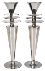 Pair of Paul Wood Attributed Art Deco/Brutalist Chromed Candlesticks