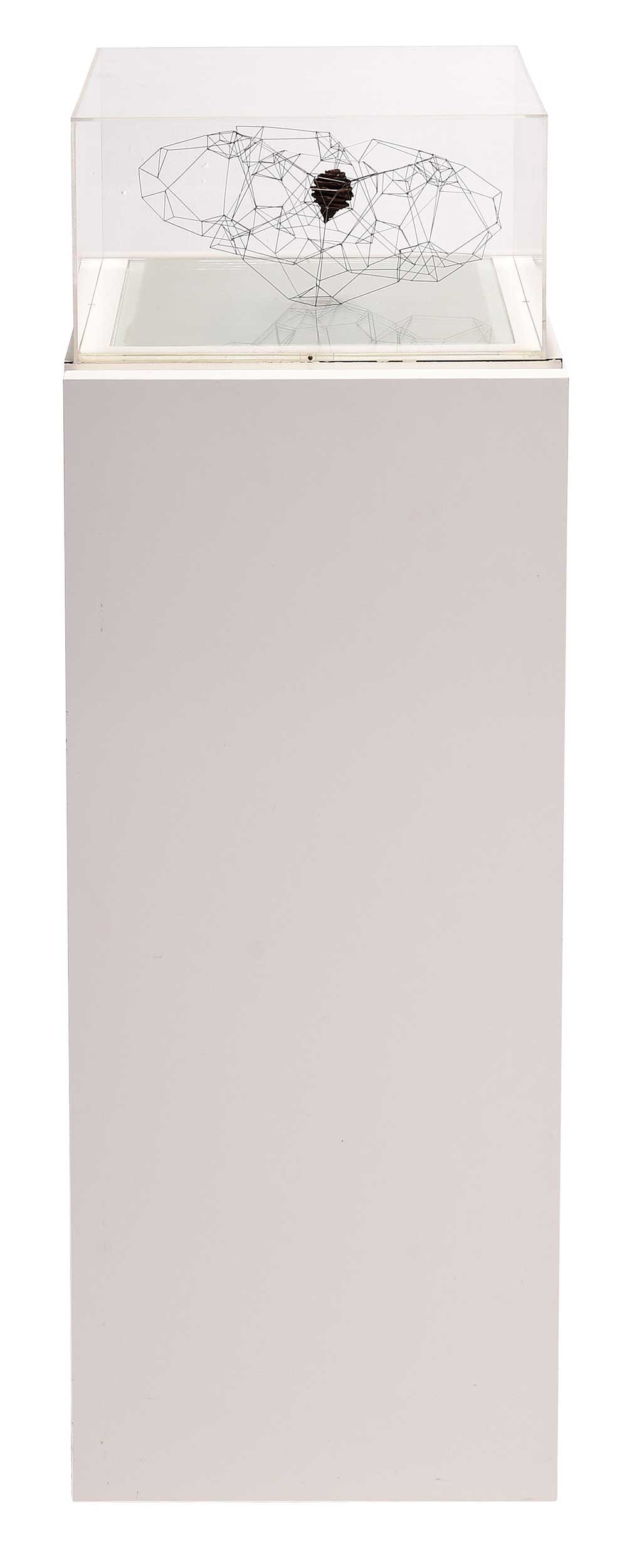 Marilynn Gelfman Karp: (New York, born 1939) 7-790K, 1979, unsigned, soldered wire & pine cone inside plexiglass, 7-3/8 x 14-1/4 x 14-1/4 in.; illuminated pedestal with interior storage space, 36-1/4 x 15-1/8 x 18-1/4 in. P