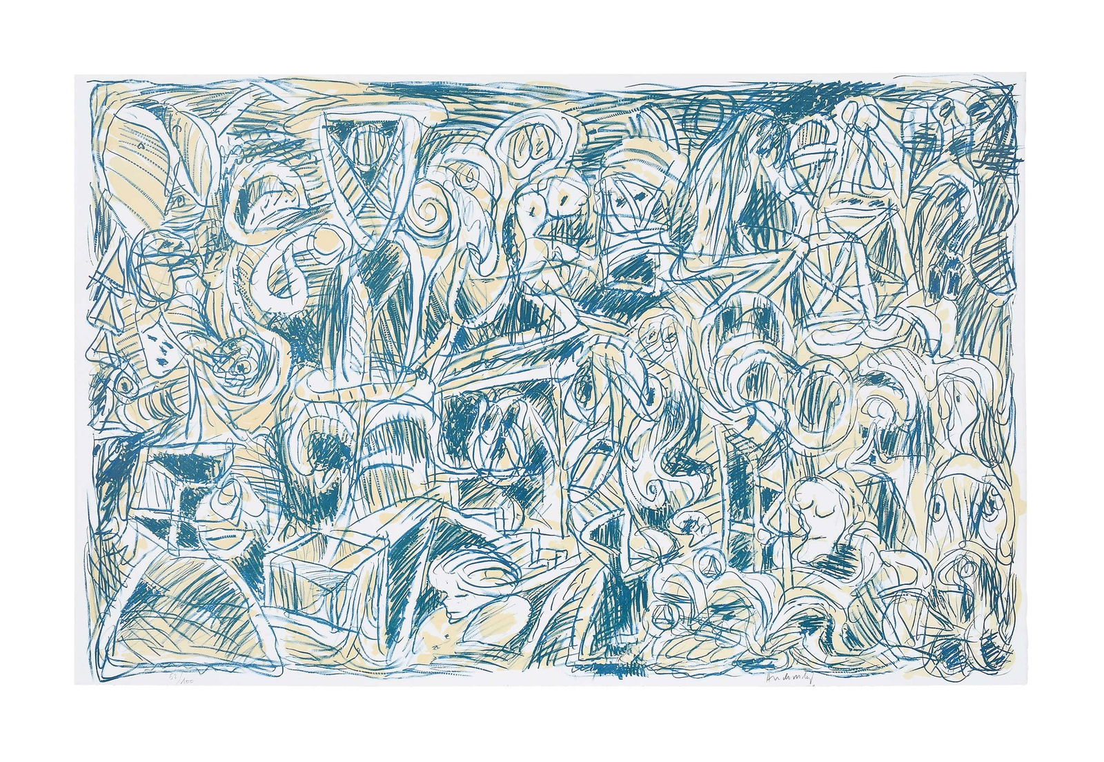 Pierre Alechinsky: (Belgian, born 1927) Probleme demographique, 1969, edition of 52/100, signed lower right "Alechinsky", lithograph on paper, sheet 25-5/8 x 40-1/8 in.; metal laminated wood frame, 32-1/4 x 46-7/8 x 1-1