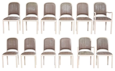 Set of Twelve Pickled Beechwood and Faux Snakeskin Dining Chairs