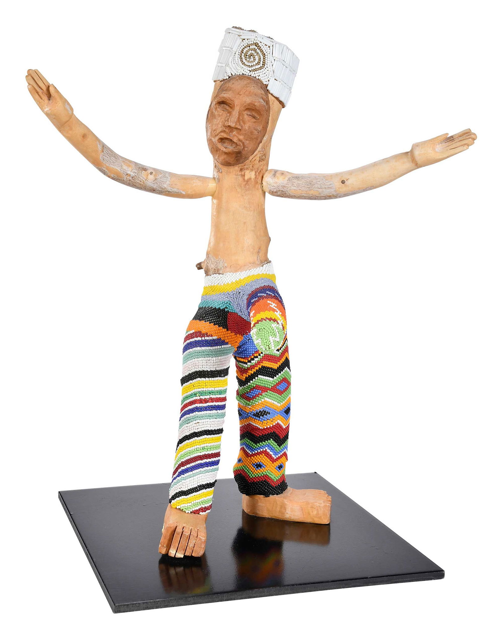 Lori Greene: (Minnesota, 20th/21st century) Sirius B, 1995, black walnut face, beaded copal wood body, 16-1/4 x 13-3/4 x 8 in.; on painted steel base Provenance: Steinbaum Krauss Gallery, New York, New York, purch