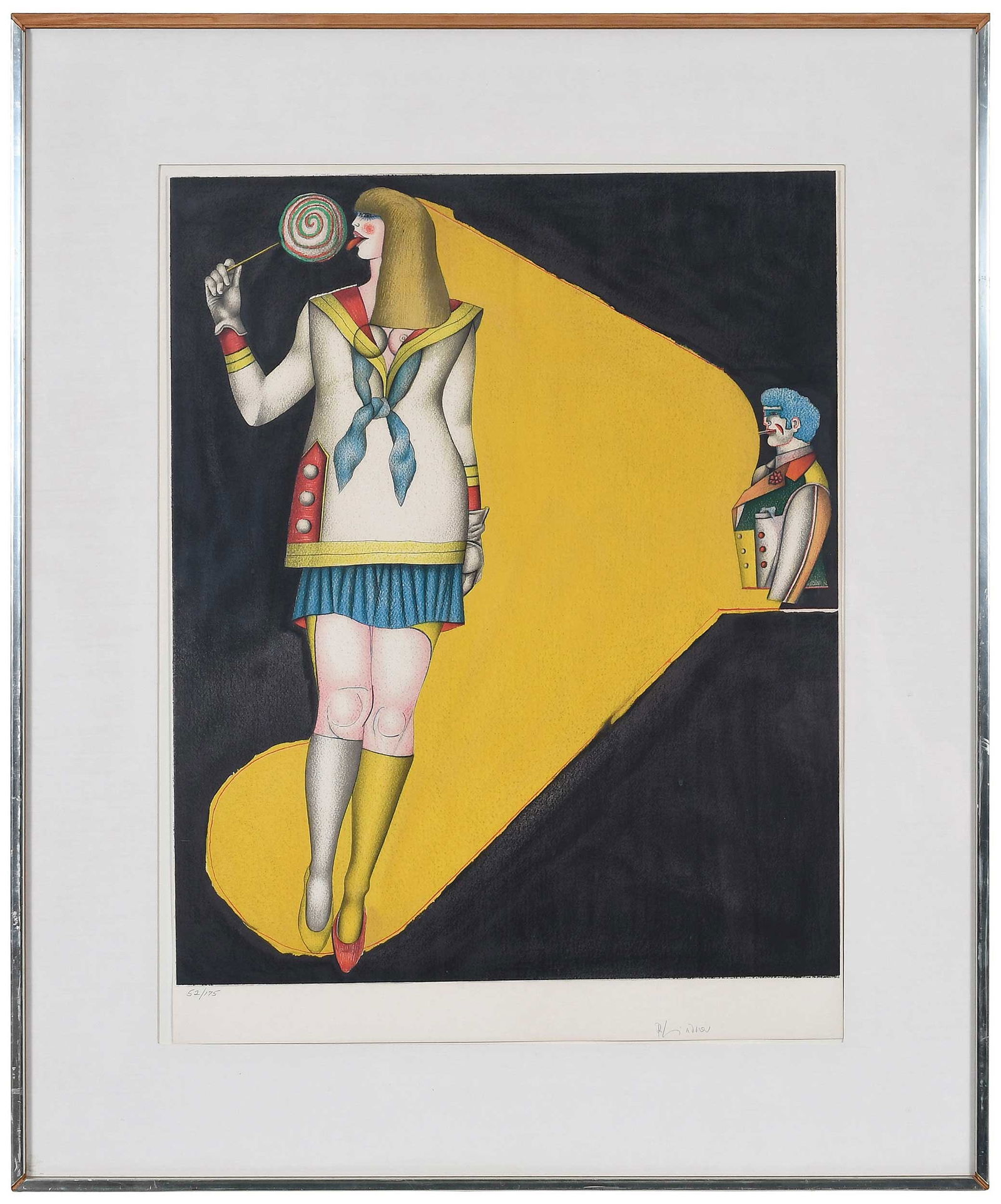 Richard Lindner, Lithograph: (German/American, 1901-1978) Lollipop, from the Fun City portfolio, edition 52/175, 1970, signed in pencil lower right "R.Lindner", colored lithograph on paper, sheet 25-3/4 x 20 in.; modern wood and