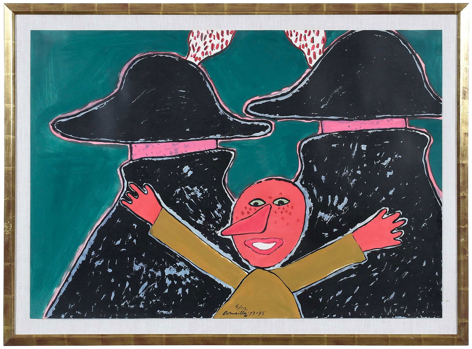 Corneille, Gouache: (Dutch, 1922-2010) Untitled, from the Pinocchio series, 1972-1975, dated and signed at bottom "6/72 - Corneille 73-75", gouache on paper 27-5/8 x 39-1/4 in.; gold leaf frame, 33 x 44-1/4 x 1-5/8 in. P