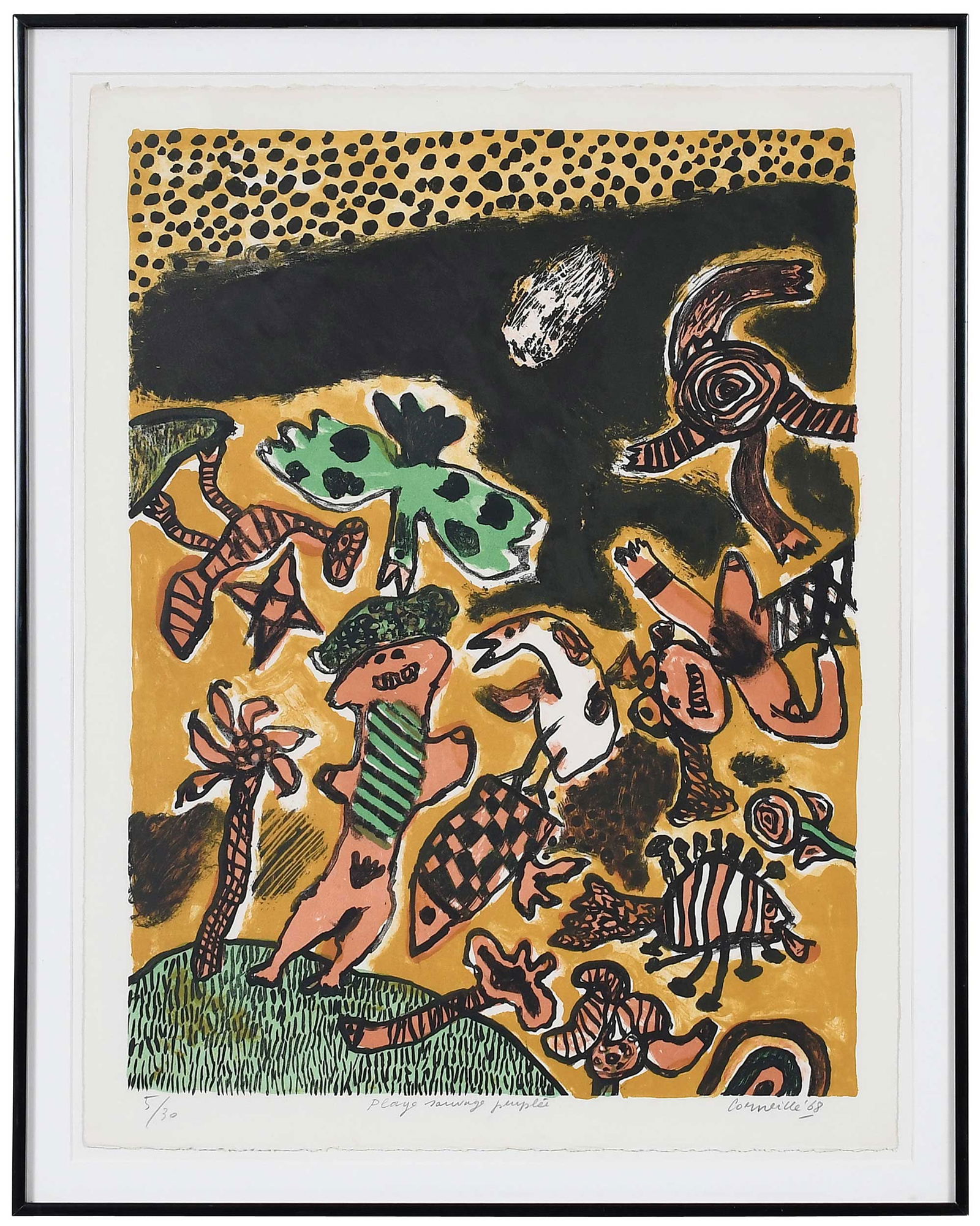 Corneille, Lithograph: (Dutch, 1922-2010) Plage sauvage peuples, 1968, edition 5/30, signed lower right "Corneille '68", M. Casse, publisher, lithograph on paper, 26 x 19-3/4 in.; black metal frame, 29-1/4 x 23-3/8 x 1 in.