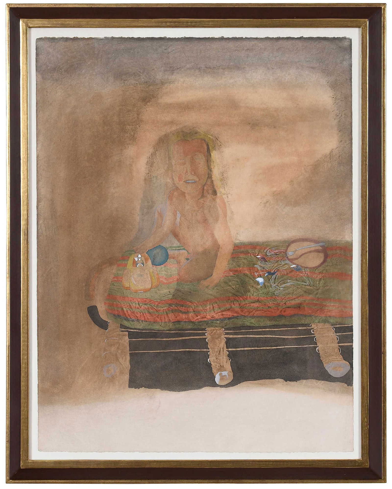 Jorge Castillo, Watercolor: (Spanish, born 1933) El Pequeno Taggio en Agua Amarga, 1975, unsigned, titled in ink on frame verso "El Pequeno Taggio en Agua Amarga", watercolor on paper, 26 x 19-3/4 in.; modern parcel gilt wood fr