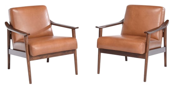 Pair of West Elm Mid-Century Style Leather Show Wood Chairs