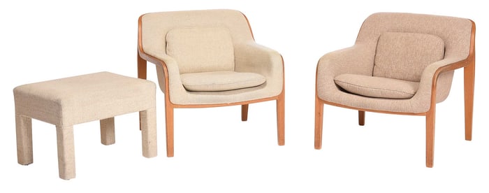 Near Pair of Bill Stephens for Knoll 1315 Bentwood Lounge Chairs, with Associated Ottoman