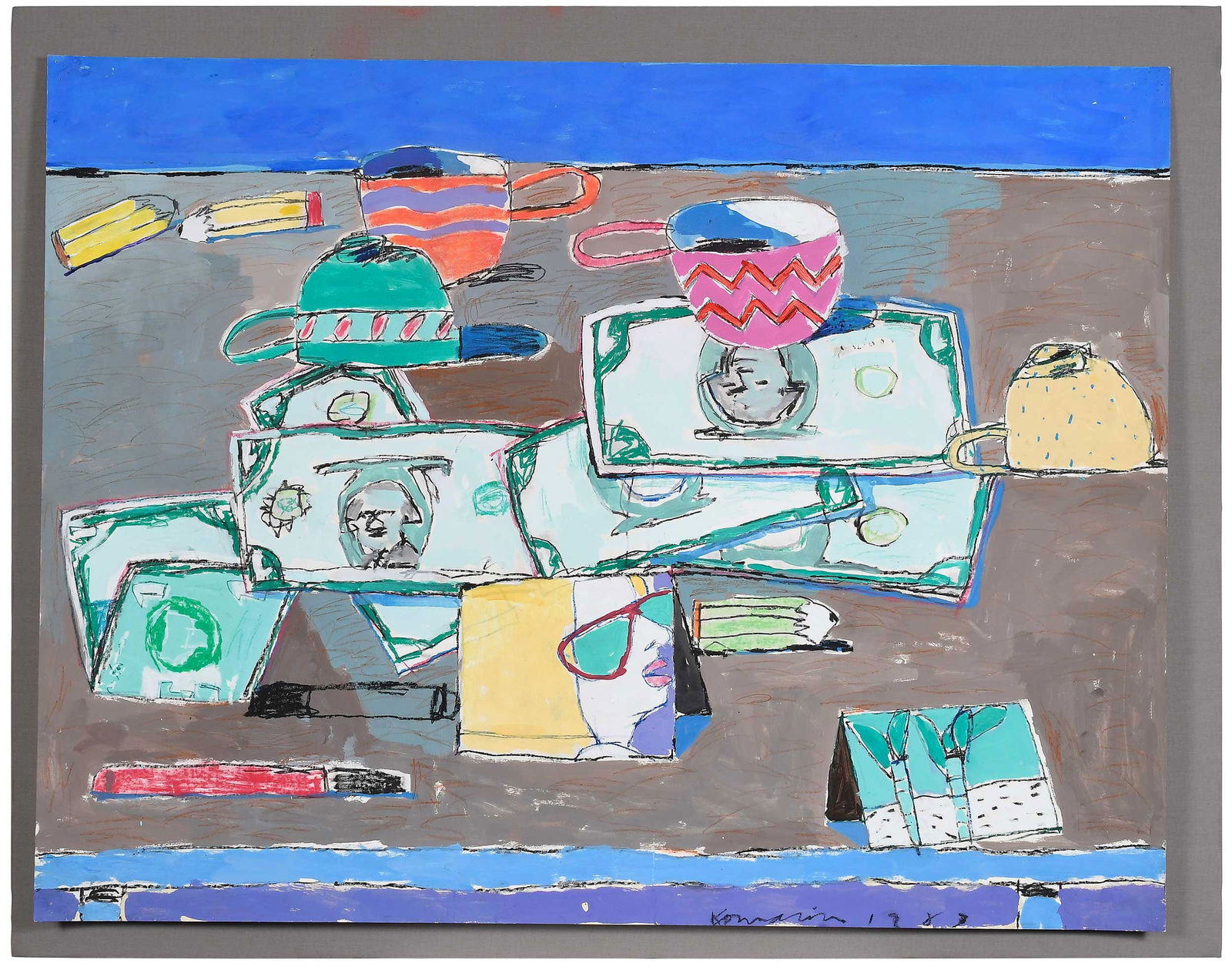 Gary Komarin: (New York/Connecticut, born 1951) Cups and Money, 1983, signed lower right "Komarin 1983", inscribed in pencil verso with title, pastel, crayon, tempera on paper, 38-1/4 x 49-7/8 in.; acrylic case fra