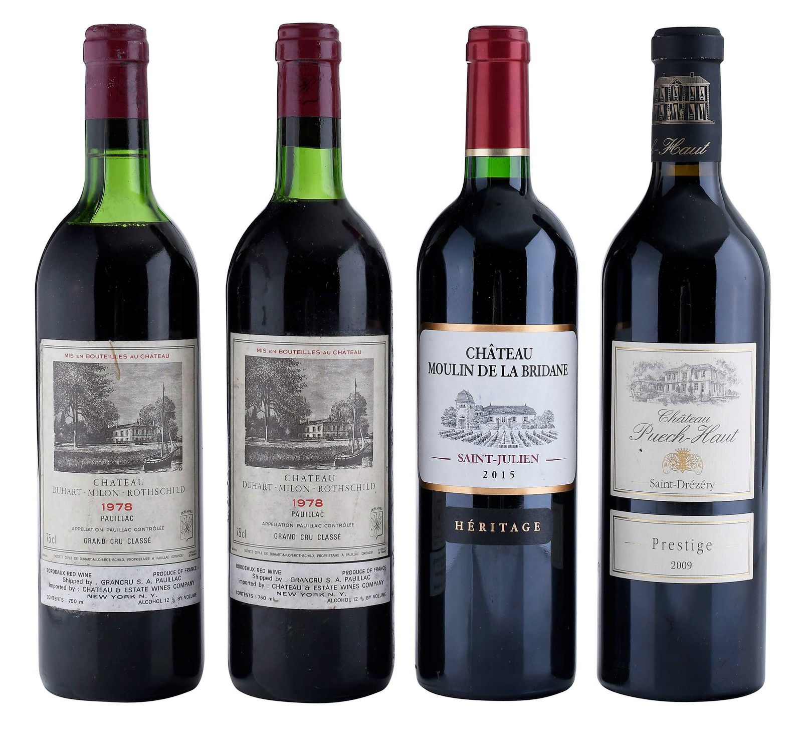 Two Bottles 1978 Chateau Duhart-Milon with Two Bottles 2009 & 2015 Bordeaux: Chateau Duhart-Milon-Rothschild Vintage 1978, Pauillac, France, Red Bordeaux, 750 ml, alcohol 12% by volume; Chateau Puech-Haut Prestige Vintage 2009, Languedoc-Roussillon, France, Red Bordeaux, 750 m