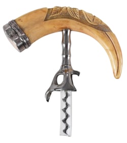 Carved Boar's Tusk and Sterling Corkscrew