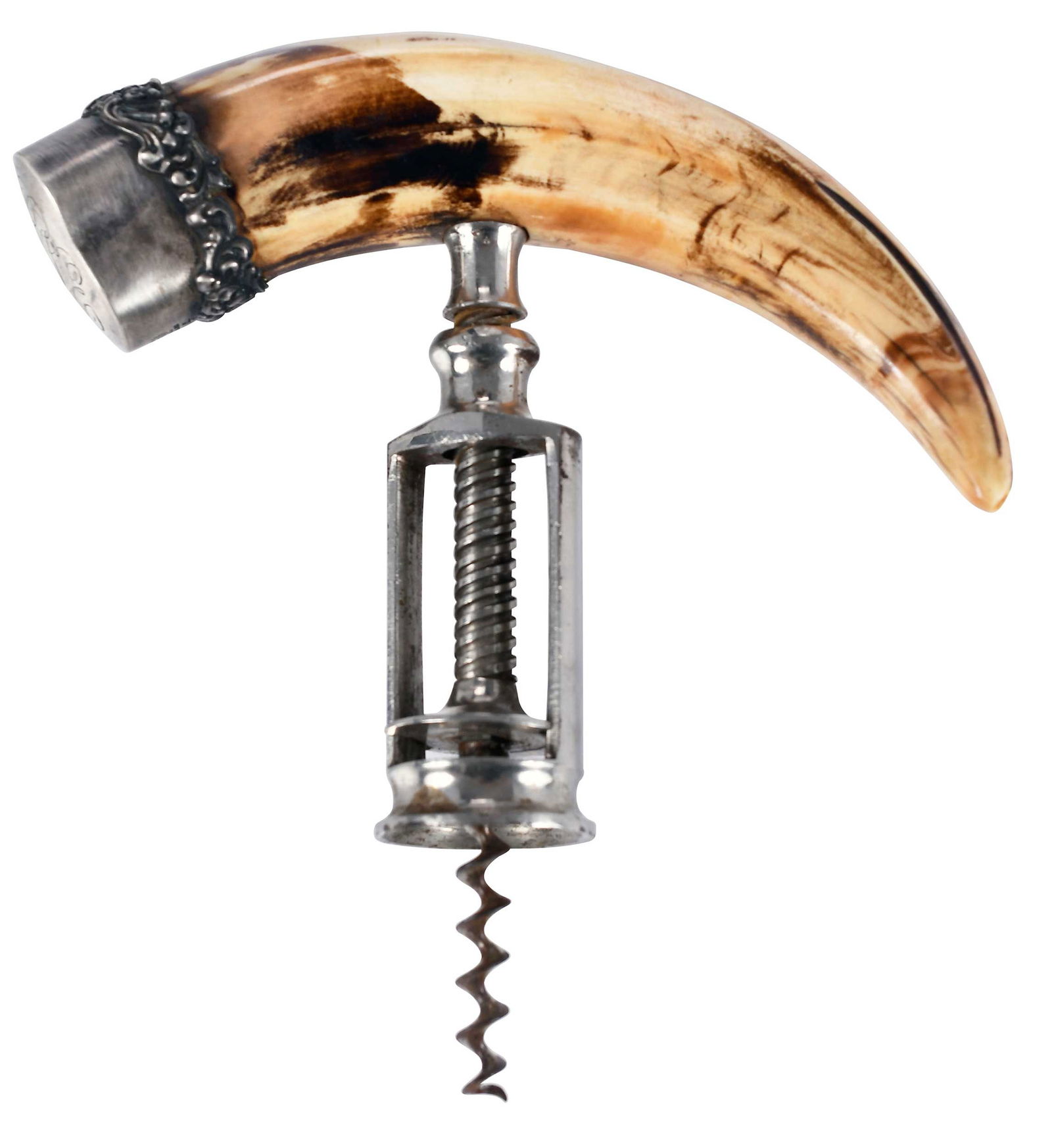 Monogrammed Boar's Tusk and Sterling Corkscrew: late 19th/early 20th century, scroll adorned endcap with the monogram "RSE" (?), 6-3/4 x 6-1/4 x 1-1/2 in. Provenance: Private Collection Note: Please note purchases of wine and/or spirits are not ava