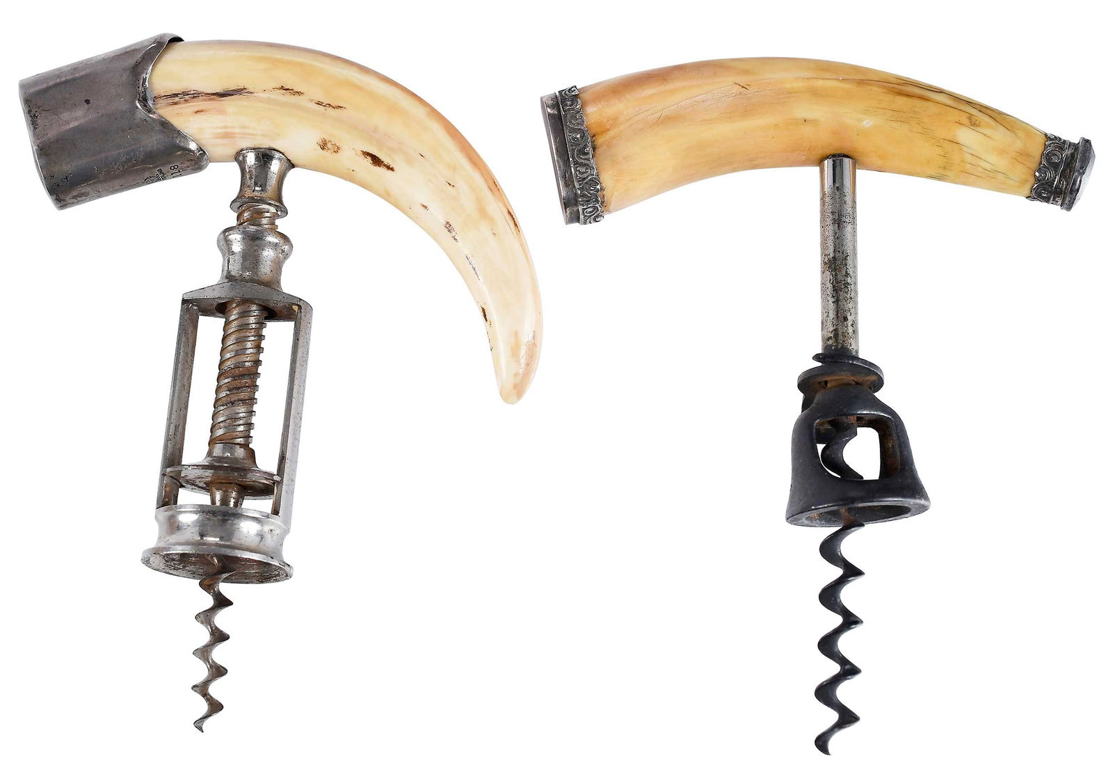 Two Boar's Tusk and Sterling Corkscrews: late 19th/early 20th century, one with foil cutter and two sterling mounts, larger 6-3/4 x 5-3/4 x 1-1/2 in. Provenance: Private Collection Note: Please note purchases of wine and/or spirits are not a
