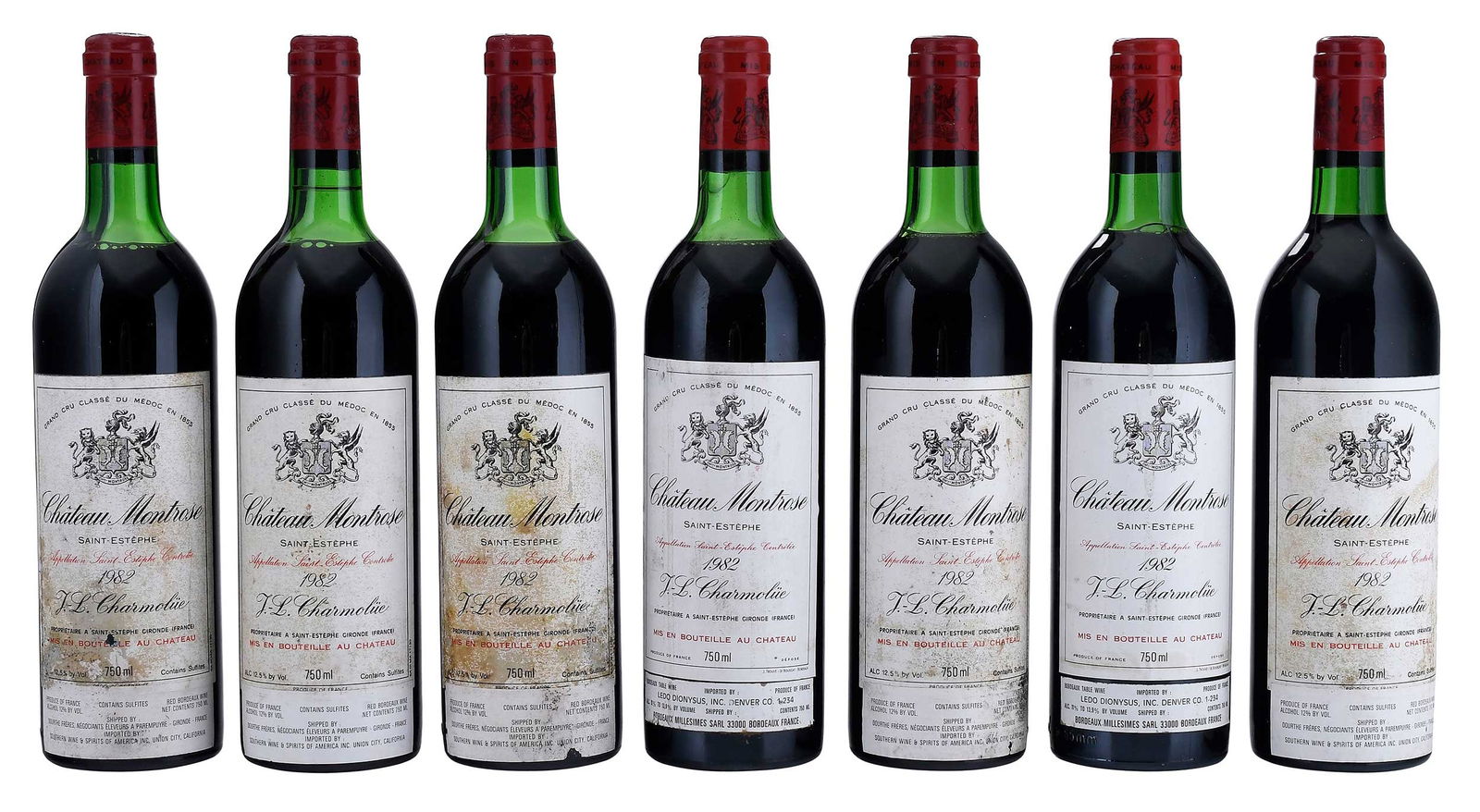 Seven Bottles 1982 Chateau Montrose: Vintage 1982, Saint-Estephe, France, Red Bordeaux, 750 ml, alcohol 11-13.9% by volume Provenance: Private Nashville Collection Note: Please note purchases of wine and/or spirits are not available for