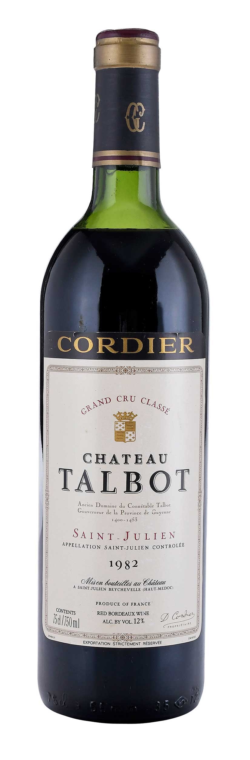 1982 Chateau Talbot: Vintage 1982, Saint-Julien, France, Red Bordeaux, 750 ml, alcohol 12% by volume Provenance: Private Nashville Collection Note: Please note purchases of wine and/or spirits are not available for in hou