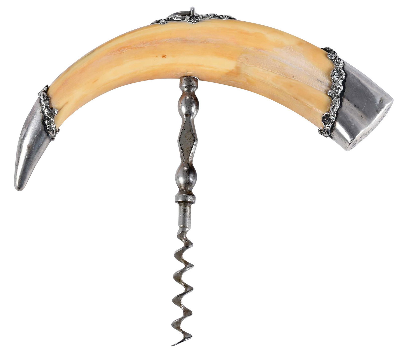 Fine Boar's Tusk and Sterling Corkscrew: early 20th century, sterling mounts with scroll and shell adorned borders, the endcap with the monogram "DJL" (?), multi faceted worm, 7 x 7-1/4 x 1 in. Provenance: Private Collection Note: Please not