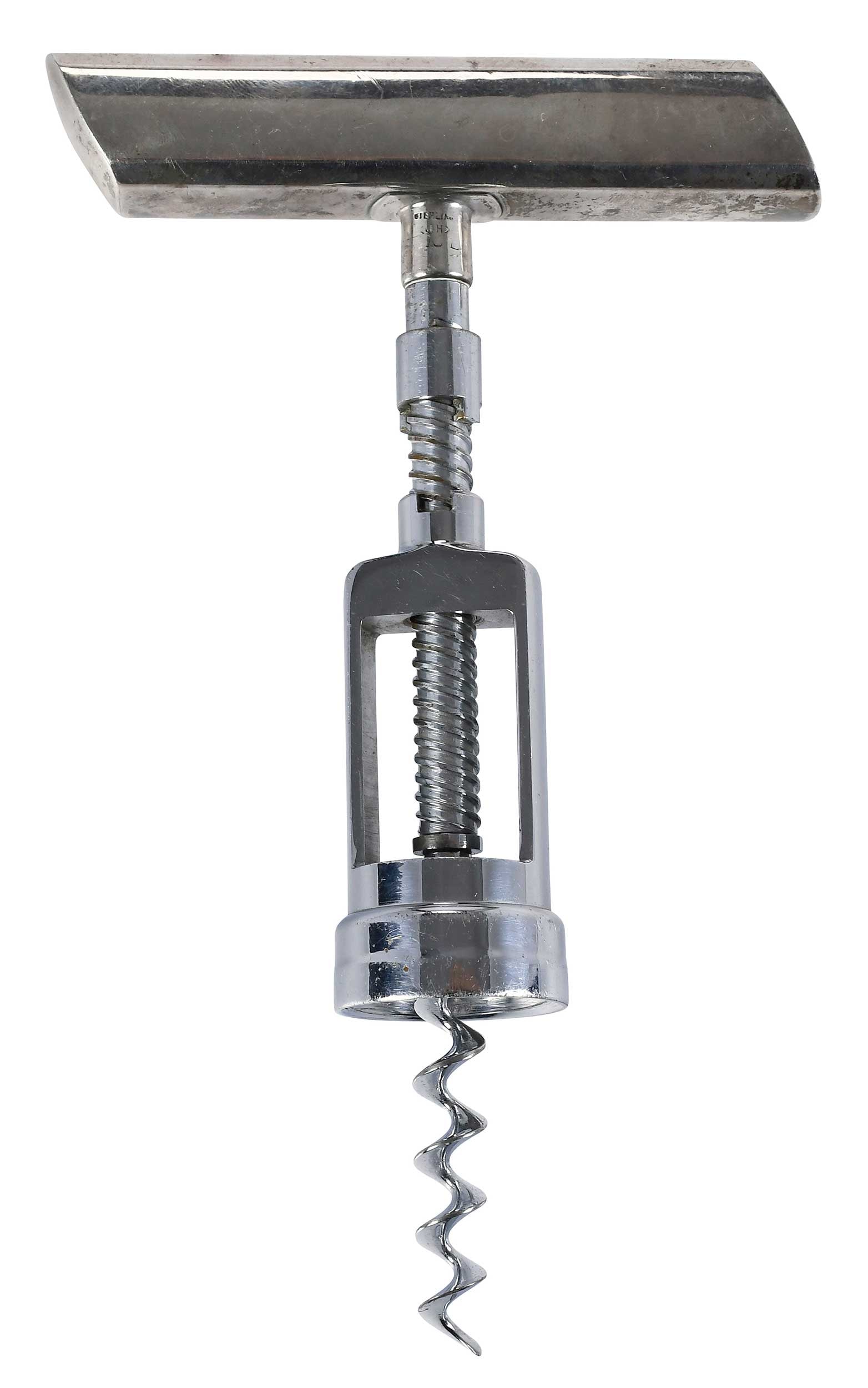 John Hasselbring Sterling Corkscrew: 20th century, stamped "Sterling/J.H.", 7-1/2 x 4-1/2 x 1-1/4 in. Provenance: Private Collection Note: Please note purchases of wine and/or spirits are not available for in house shipping. Buyers can p
