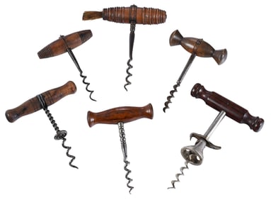 Six Antique Wood-Handled Corkscrews of Varying Size and Form