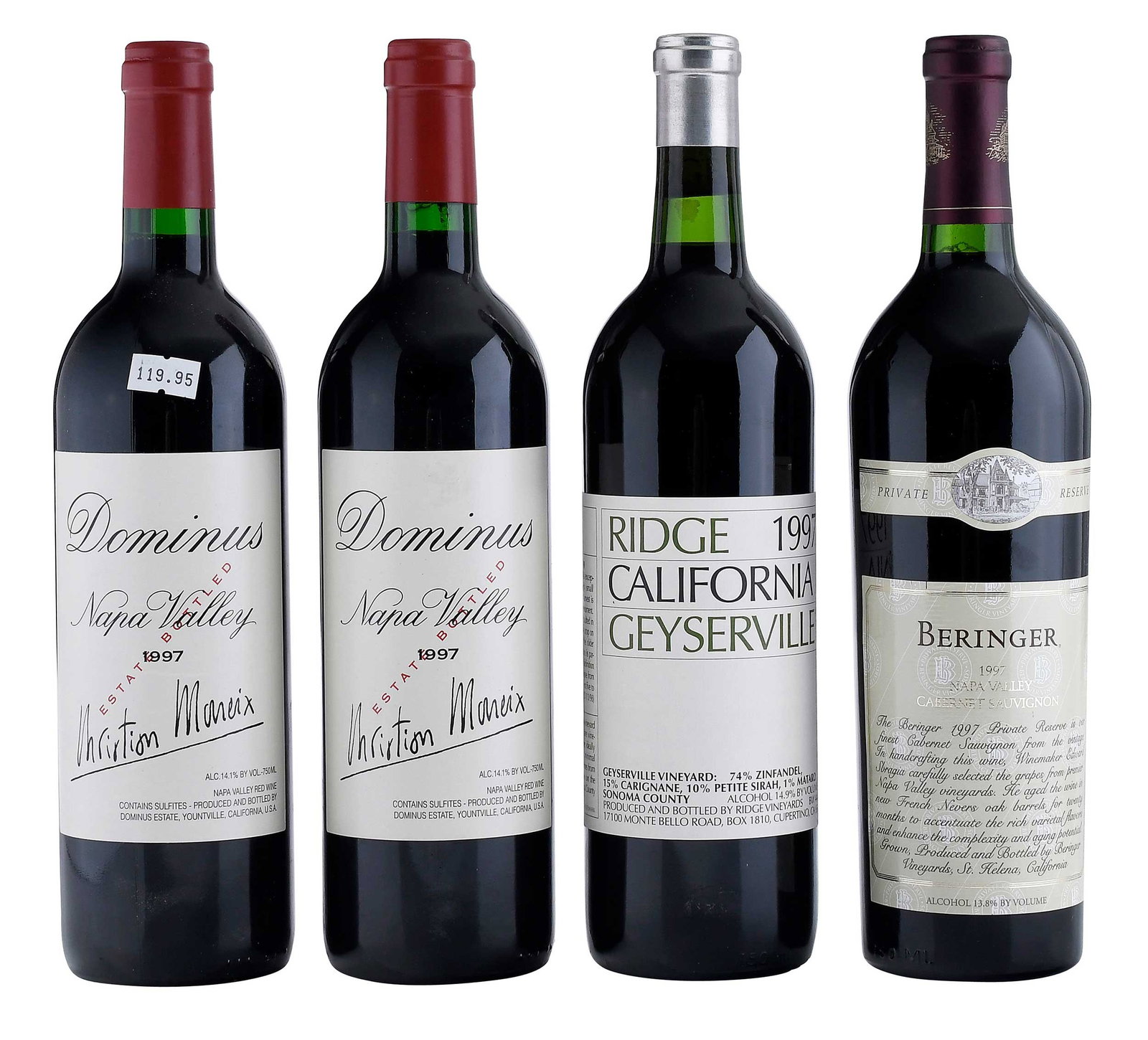 Four Bottles 1997 Select California Cabernet Sauvignon, Ridge, Beringer, and Two Dominus: Dominus Vintage 1997, Napa Valley, California, USA, 750 ml, alcohol 14.1% by volume; Beringer 1997, Napa Valley, California, USA, 750 ml, 13.8% by volume; Ridge Vineyards Geyserville, Sonoma County, C