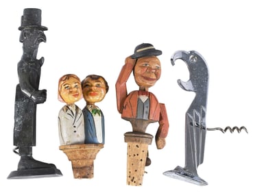 Two Figural Corkscrews and Two Cork Stoppers