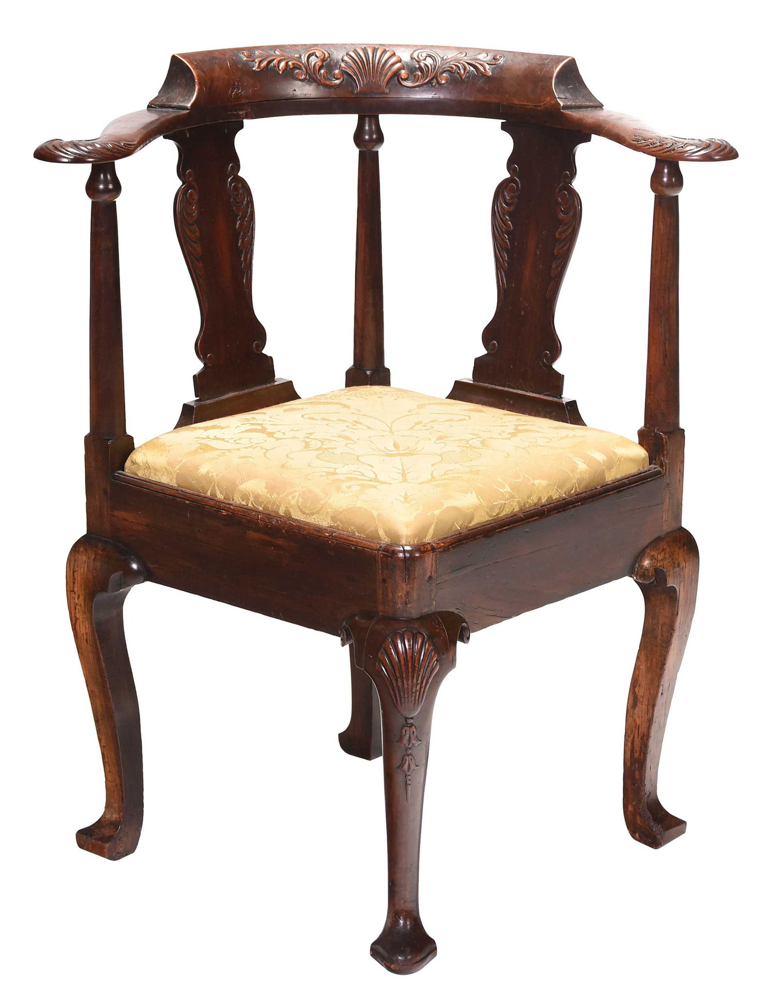George II Shell Carved Fruitwood Corner Chair: probably Irish, mid 18th century, walnut and other mixed fruit woods, carved splats and hand grips, 32-1/2 x 19 x 25 in. Provenance: Purchased from the Melrose Antebellum House, Natchez, Mississippi;